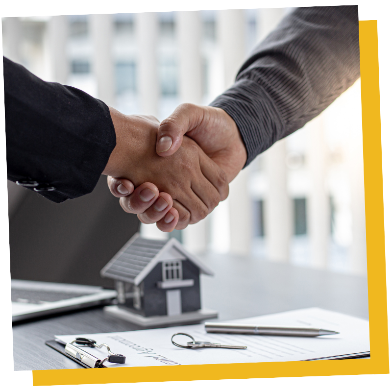 A figure of a home with two people shaking hands